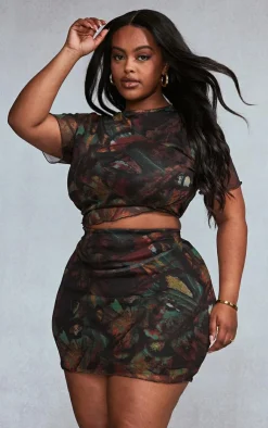 Best PrettyLittleThing Plus Printed Lettuce Hem Mesh Bodycon Skirt Multi