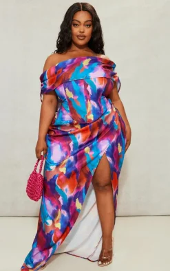 Best PrettyLittleThing Plus Printed Ruched Side Maxi Skirt Multi