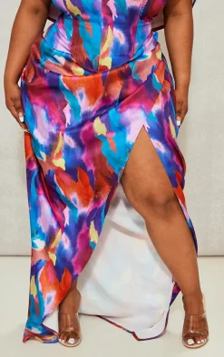 Best PrettyLittleThing Plus Printed Ruched Side Maxi Skirt Multi