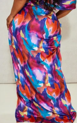 Best PrettyLittleThing Plus Printed Ruched Side Maxi Skirt Multi