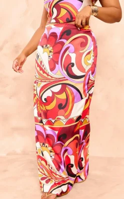 New PrettyLittleThing Plus Printed Satin Mid Rise Maxi Skirt Multi