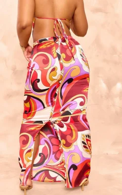 New PrettyLittleThing Plus Printed Satin Mid Rise Maxi Skirt Multi