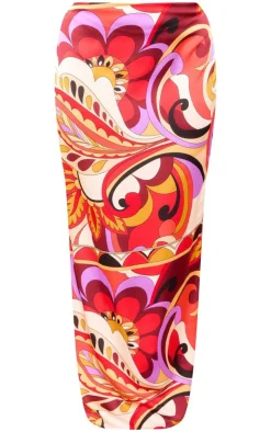 New PrettyLittleThing Plus Printed Satin Mid Rise Maxi Skirt Multi