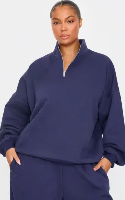 Outlet PrettyLittleThing Plus Premium High Neck Quarter Zip Oversized Sweatshirt Navy