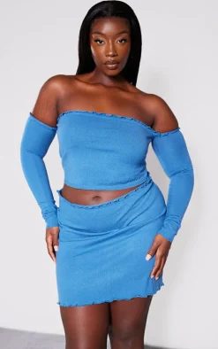 Hot PrettyLittleThing Plus Soft Knit Scallop Edge Bardot Crop Top Navy