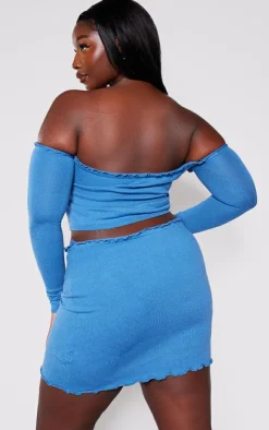 Hot PrettyLittleThing Plus Soft Knit Scallop Edge Bardot Crop Top Navy