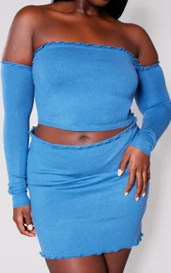 Hot PrettyLittleThing Plus Soft Knit Scallop Edge Bardot Crop Top Navy