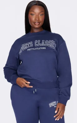 Online PrettyLittleThing Plus Sports Classic Embroidered Sweatshirt Navy