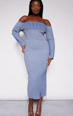 Plus Two Tone Thick Rib Knit Bardot Maxi Dress-PrettyLittleThing