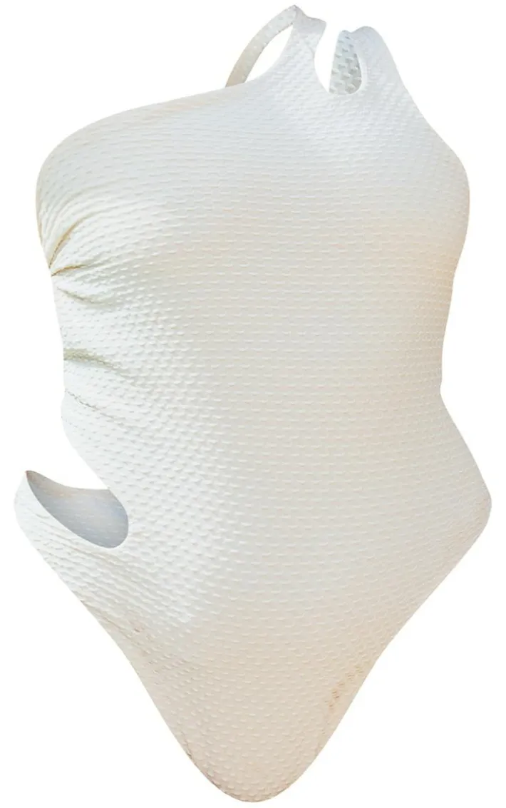 Plus Nude One Shoulder Waffle Cut Out Swimsuit