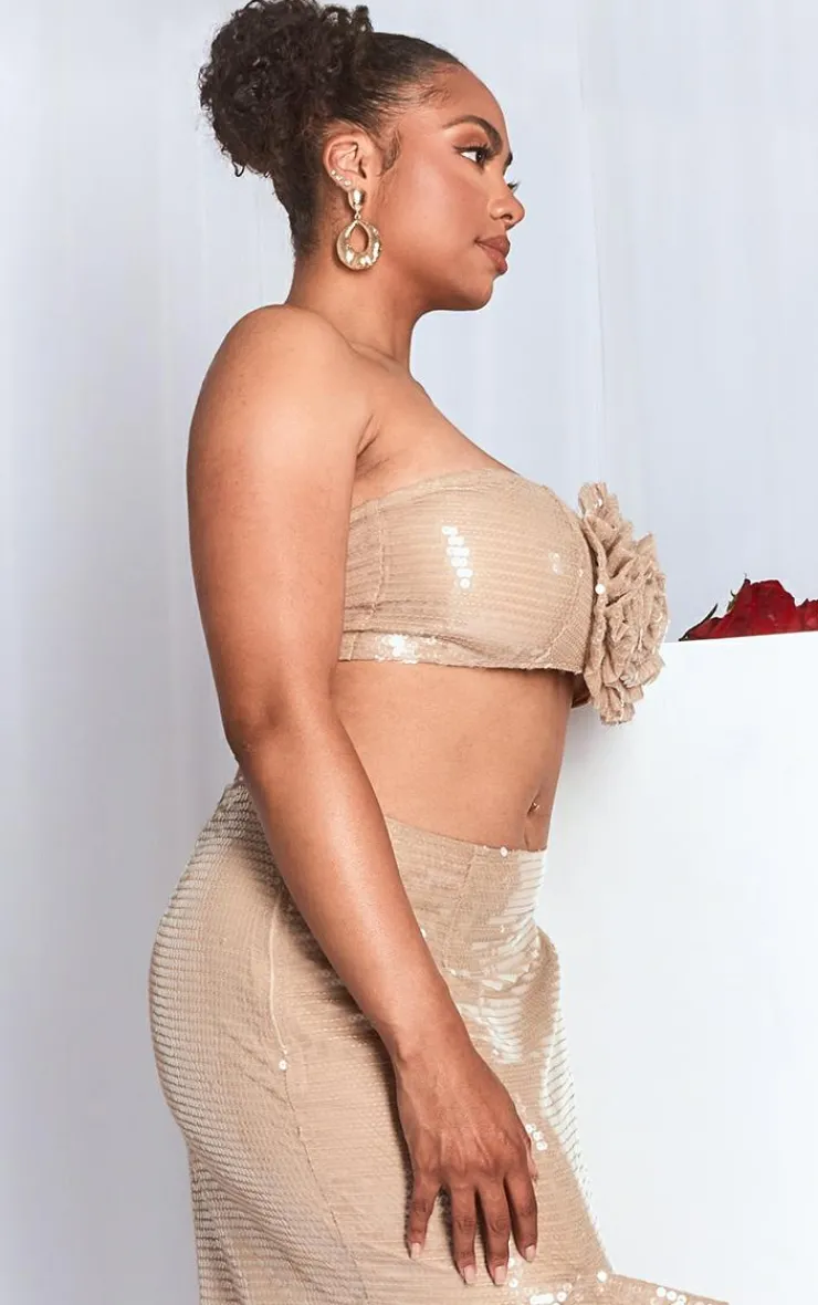 Hot PrettyLittleThing Plus Sequin Flower Detail Bandeau Top Nude