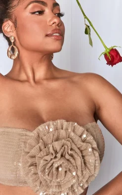 Hot PrettyLittleThing Plus Sequin Flower Detail Bandeau Top Nude