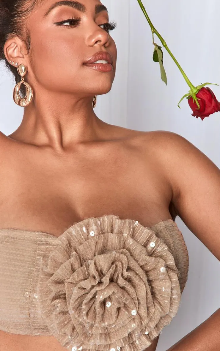 Hot PrettyLittleThing Plus Sequin Flower Detail Bandeau Top Nude