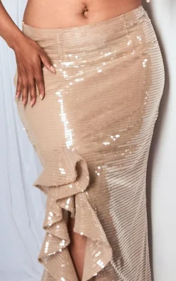Clearance PrettyLittleThing Plus Sequin Ruffle Detail Maxi Skirt Nude