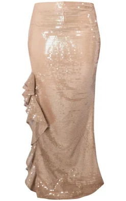 Clearance PrettyLittleThing Plus Sequin Ruffle Detail Maxi Skirt Nude