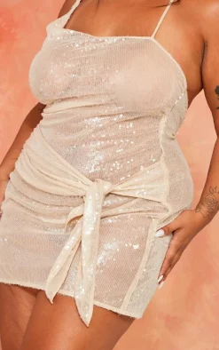 Plus Sheer Sequin Wrap Bodycon Dress-PrettyLittleThing Sale