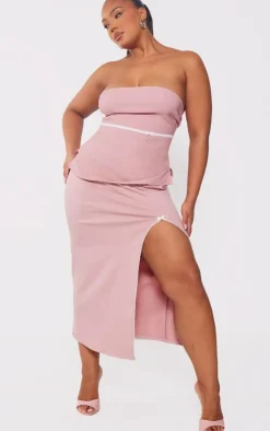Clearance PrettyLittleThing Plus Split Leg Bow Detail Midaxi Skirt Nude