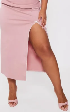 Clearance PrettyLittleThing Plus Split Leg Bow Detail Midaxi Skirt Nude