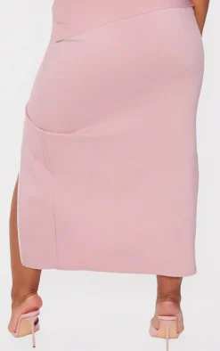Clearance PrettyLittleThing Plus Split Leg Bow Detail Midaxi Skirt Nude