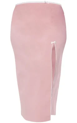 Clearance PrettyLittleThing Plus Split Leg Bow Detail Midaxi Skirt Nude