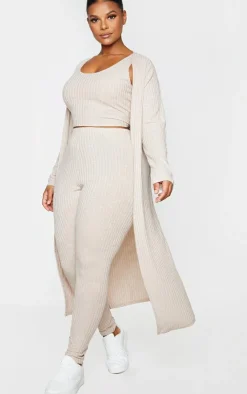 New PrettyLittleThing Plus Knitted 3 Piece Legging Set Oatmeal