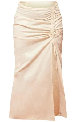 Plus Oatmeal Linen Ruched Maxi Skirt
