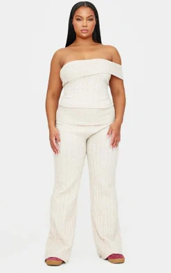 PrettyLittleThing Plus Marl Textured Knit Foldover Wide Leg Pants Oatmeal