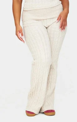 PrettyLittleThing Plus Marl Textured Knit Foldover Wide Leg Pants Oatmeal