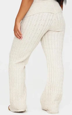 PrettyLittleThing Plus Marl Textured Knit Foldover Wide Leg Pants Oatmeal