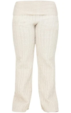 PrettyLittleThing Plus Marl Textured Knit Foldover Wide Leg Pants Oatmeal