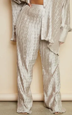 Outlet PrettyLittleThing Plus Plisse Wide Leg Pants Oatmeal