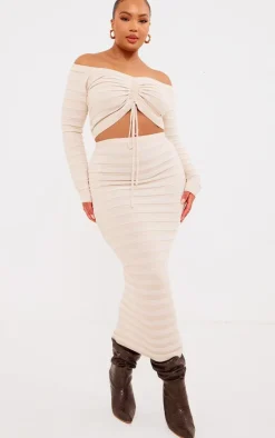 Clearance PrettyLittleThing Plus Wide Rib Knit Maxi Skirt Oatmeal