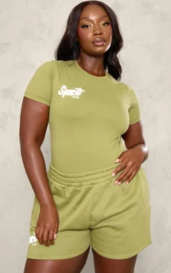 Hot PrettyLittleThing Plus Borg Printed Short Sleeve Bodysuit Olive