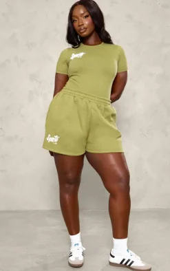 Hot PrettyLittleThing Plus Borg Printed Short Sleeve Bodysuit Olive
