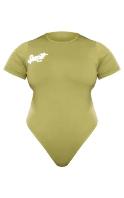 Hot PrettyLittleThing Plus Borg Printed Short Sleeve Bodysuit Olive