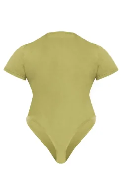 Hot PrettyLittleThing Plus Borg Printed Short Sleeve Bodysuit Olive