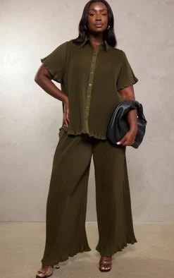 PrettyLittleThing Plus Chiffon Plisse Oversized Wide Leg Pants Olive