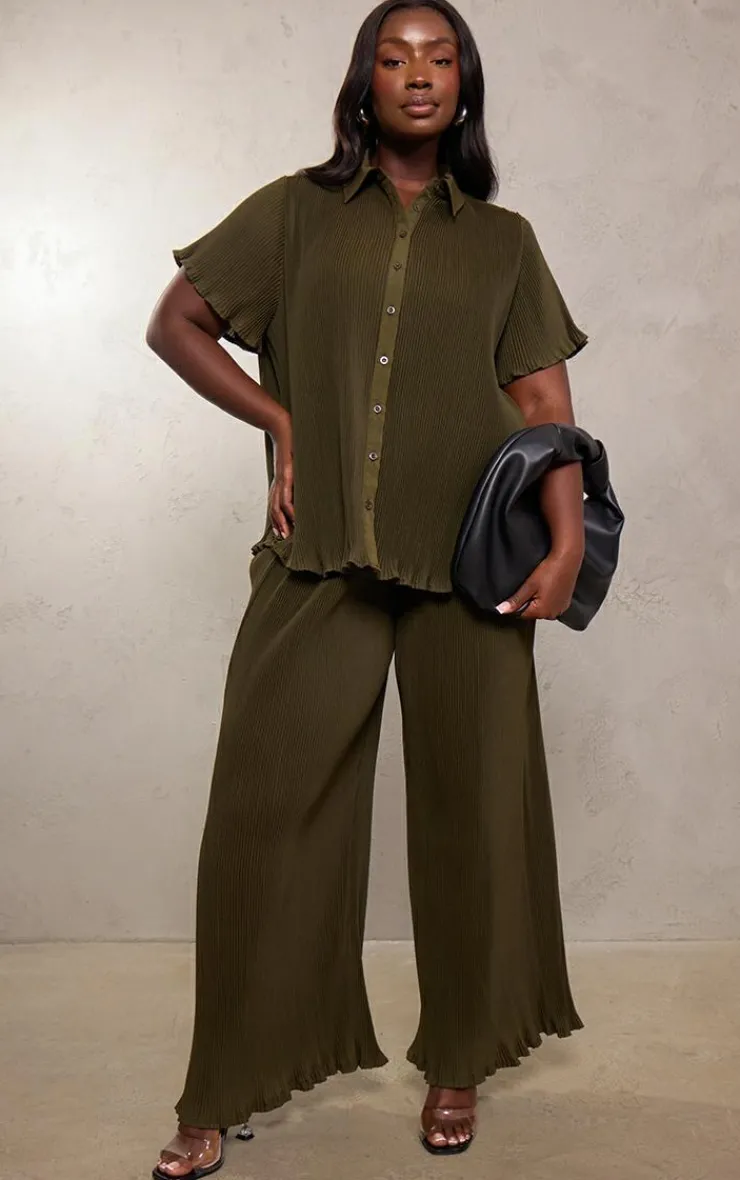 PrettyLittleThing Plus Chiffon Plisse Oversized Wide Leg Pants Olive