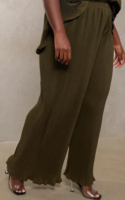 PrettyLittleThing Plus Chiffon Plisse Oversized Wide Leg Pants Olive