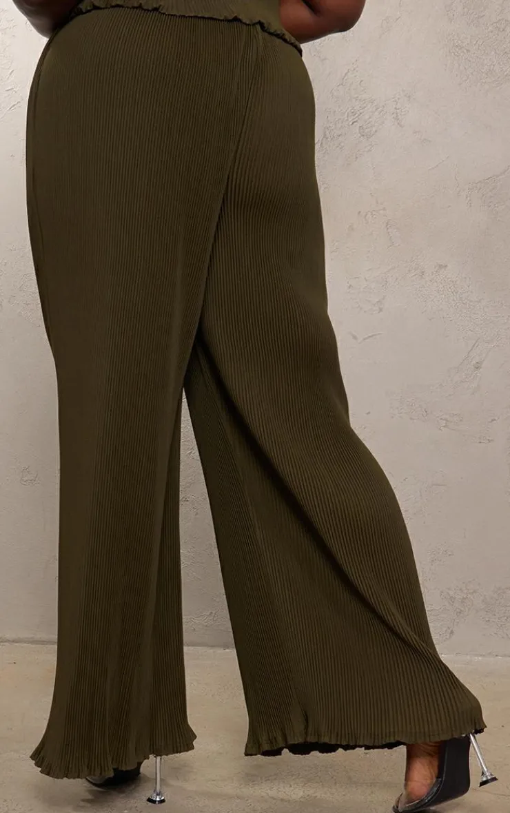 PrettyLittleThing Plus Chiffon Plisse Oversized Wide Leg Pants Olive