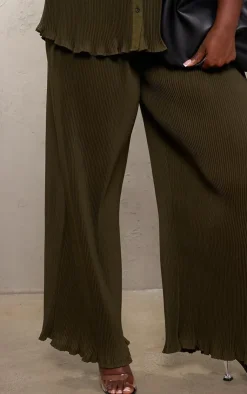 PrettyLittleThing Plus Chiffon Plisse Oversized Wide Leg Pants Olive