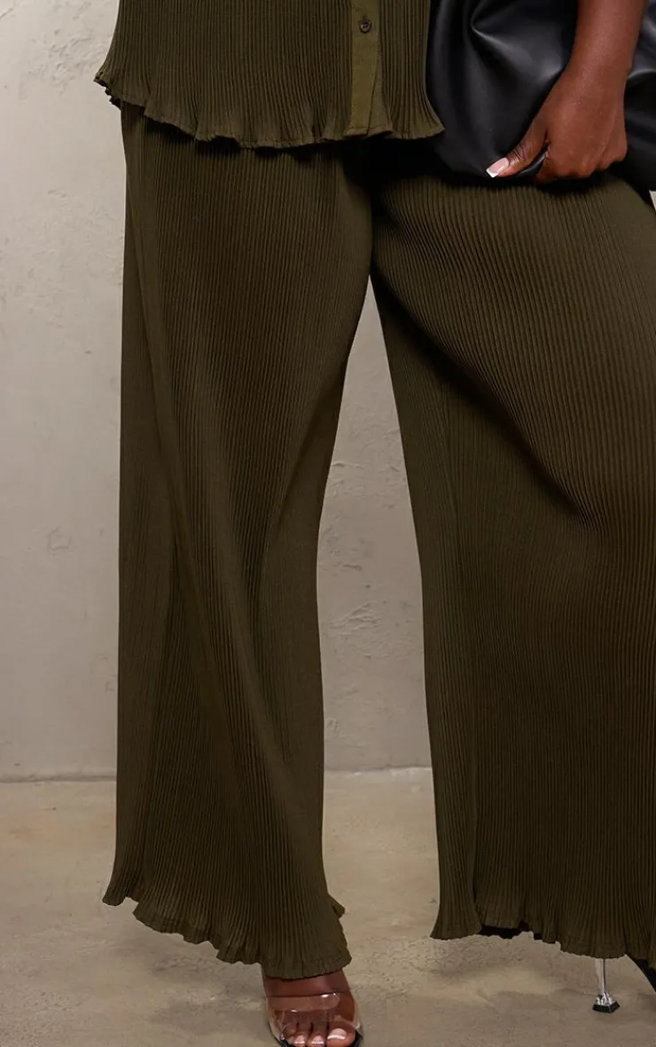 PrettyLittleThing Plus Chiffon Plisse Oversized Wide Leg Pants Olive
