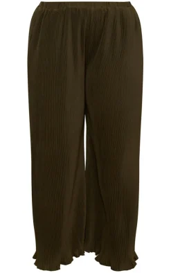 PrettyLittleThing Plus Chiffon Plisse Oversized Wide Leg Pants Olive
