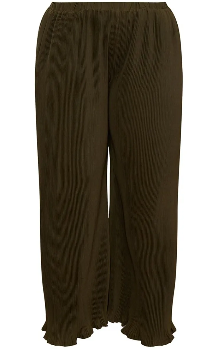 PrettyLittleThing Plus Chiffon Plisse Oversized Wide Leg Pants Olive
