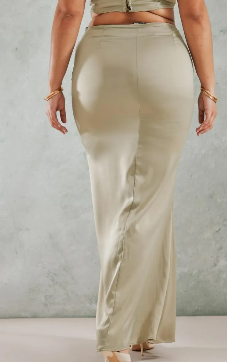 Outlet PrettyLittleThing Plus Embroidered Floral Satin Maxi Skirt Olive
