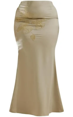 Outlet PrettyLittleThing Plus Embroidered Floral Satin Maxi Skirt Olive