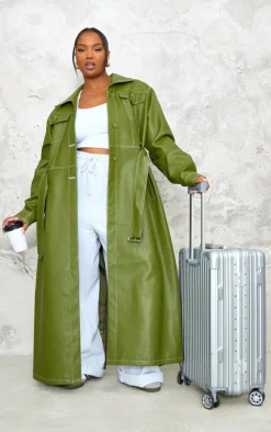 PrettyLittleThing Trench Coats*Plus Faux Leather Contrast Stitch Split Hem Trench Coat