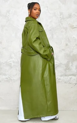 PrettyLittleThing Trench Coats*Plus Faux Leather Contrast Stitch Split Hem Trench Coat