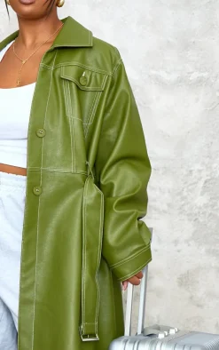 PrettyLittleThing Trench Coats*Plus Faux Leather Contrast Stitch Split Hem Trench Coat