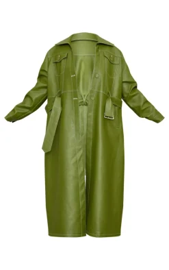 PrettyLittleThing Trench Coats*Plus Faux Leather Contrast Stitch Split Hem Trench Coat